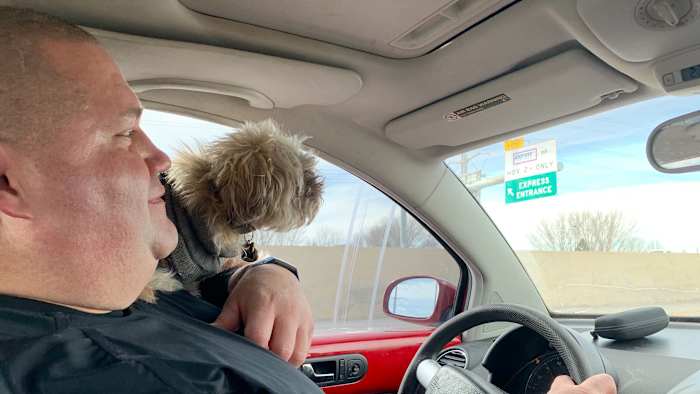 Gardner has a little car and a little traveling companion: Gus.
